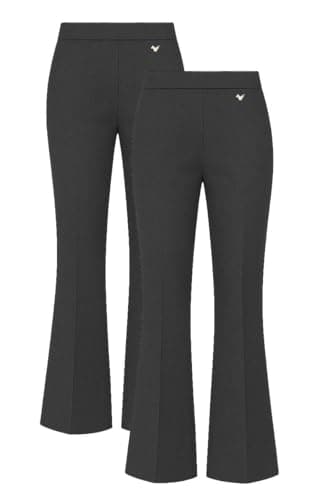 Image of Pack of 2 - Girls Flared Jersey School Trousers Pull Up Wide Leg School Uniform Butterfly Pendant Ages 3-16y