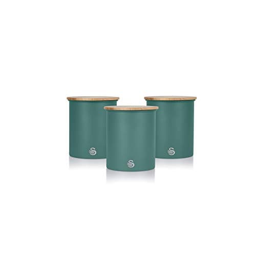 Image of Swan SWKA17513GREN Nordic Scandi Set of 3 Storage, Tea, Coffee and Sugar Canisters, Pine Green, Steel, Bamboo Lid