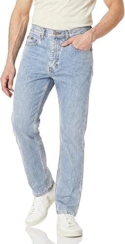Image of Mens Straight Leg Denim Jeans, Comfortable Hard Wearing Jean, Stylish & Classic Plain Fashion Trousers for Men Regular Fit Cotton Denim Pants, Light Blue-32W / 29L