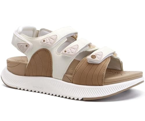 Image of ONCAI Womens Walking Sandals Summer Hiking Sports Sandles with Arch Support Woman Outdoor Orthopedic Water with Adjustable Strap Beige/White Size 4