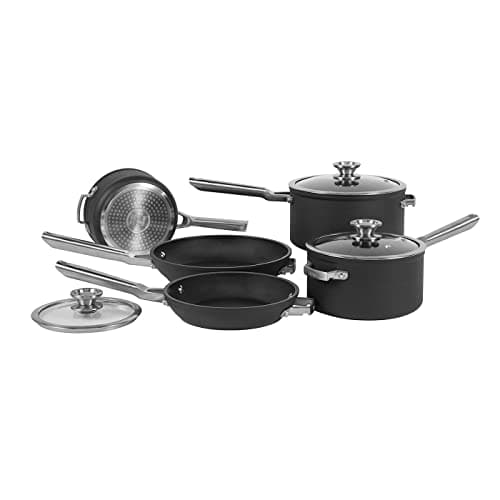 Image of Ninja ZEROSTICK Stackable Cookware 5-Piece Pan Set, Non-Stick, 3 Saucepans with Oven-Safe Glass Lids & 2 Frying Pans, Long Lasting Hard Anodised Aluminium, Grey, C55000UK