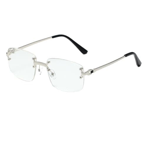Image of Ggpyyon Retro Rimless Rectangle Sunglasses for Women Men Trendy Gold Metal Frameless Square Sun Glasses Eyewear(Silver/Clear)