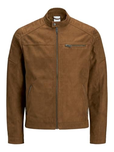 Image of JACK & JONES Men's Faux Leather Jacket Motorcycle Blouson Bomber JJEROCKY Design Outerwear Transitional Coat., Colours:Light Brown, Jacket Size:M