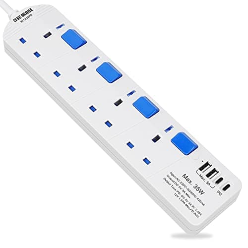 Image of SE UKASE Extension Lead withUSB-C PD port,Fast Charging, 4 Way Plug Sockets with Individual Switches USB and Type C, Wall Mount Design with 2M Extension Cable 2990W/13A SU 834PD