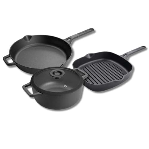 Image of Prestige Cast Iron Cookware Set – 3 Piece, 22cm Frying Pan, 25cm Grill Pan, 24cm Casserole Dish, Pre-Seasoned, Non-Toxic, Induction & Oven Safe, Easy Clean