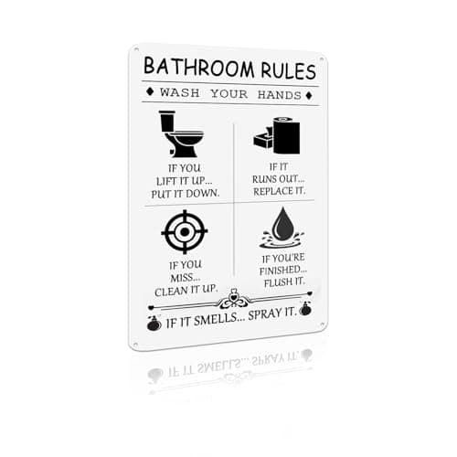 Image of Bathroom Rules Metal Sign – Funny Minimalist Black and White Aluminum Wall Decor for Home Bathroom Restroom Guest Bath Apartment Rental, 8x12 Inches (26055)