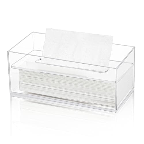 Image of Dicunoy Clear Tissue Box Holder, Rectangular Facial Paper Holder with Removable Cover, Acrylic Napkin Dispenser for Vanity Counter, Dresser, Office, Bathroom, 25x12x10cm