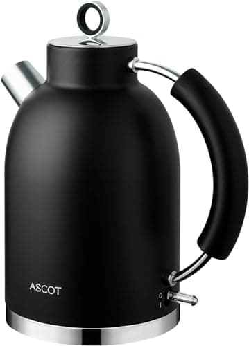 Image of ASCOT Electric Kettle, Stainless Steel Electric Tea Kettle for Men/Women/Family 1.5L 2200W Retro Tea Heater & Hot Water Boiler, Auto Shut-Off Boil-Dry Protection (Black)