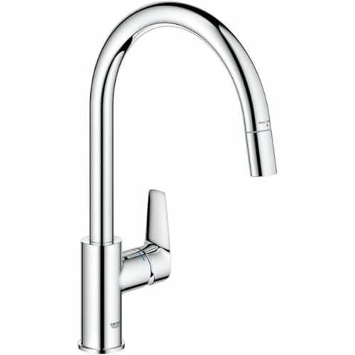 Image of GROHE Start Edge QuickFix – 1 Lever Kitchen Sink Mixer Tap with Pull-Out Function (High C-spout, 360° Swivel Area, 28 mm Ceramic Cartridge, Tail 3/8 Inch, High Pressure), 357 mm, Chrome, 30550000