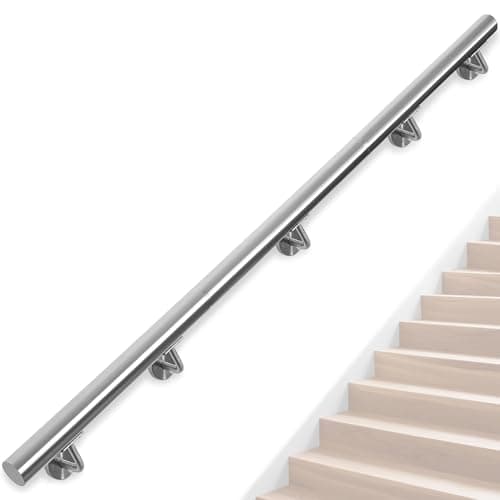 Image of OUUTMEE Stainless Steel Handrail for Stairs – 300CM/10FT Wall-Mounted Stair Railing with Brackets, Indoor/Outdoor Handrail for Loft, Porch, Garage & Deck