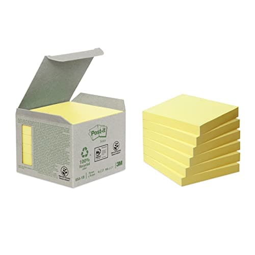 Image of Post-it Recycling Notes Canary Yellow, Pack of 6 Pads, 100 Sheets per Pad, 76 mm x 76 mm, Yellow Color - Self-Stick Notes Made from 100% Recycled Paper