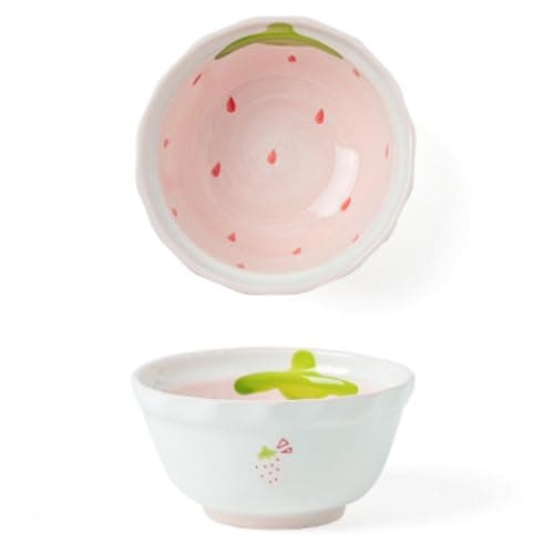 Image of Strawberry Bowl Ceramic Plate Set Cute Tableware Rice Soup Rectangular Round Double Handle Mug Spoon Sauce Large Two Handles Air Fryer Dumpling (5-inch Bowl)