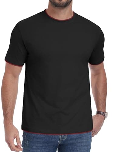 Image of Hisir Men's Casual T-Shirt Short Sleeve Crewneck with Contrast Trim Cotton Blend Stretch Tee Regular Fit for Summer & Daily Wear (Black Red, XXL)