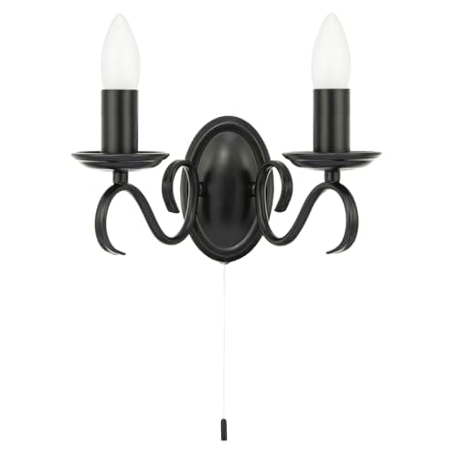 Image of Happy Homewares Traditional Wall Light Fitting with Pull Switch and Matte Black Scroll Arms and Sconces | 26cm x 15cm x 12cm | 2 x 7w E14 Candle