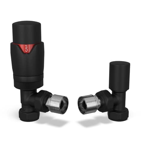 Image of UK Radiators Thermostatic Radiator Valve (TRV) - 15mm Angled Lockshield - Textured Anthracite Grey Colour - Energy Saving 1/2" x 15mm Brass Angled Valve
