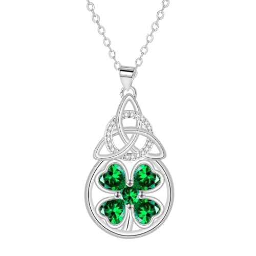 Image of Dainty Clover & Celtic Knot Necklace for Women - Silver Plated Teardrop Pendant with Green CZ Crystals, Adjustable 45+5cm Chain, Irish Shamrock Lucky Charm Jewellery Gift