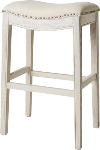 Image of Maven Lane Adrien 79 cm Counter Height Upholstered Backless Saddle Barstool in White Oak Finish with Natural Color Fabric Cushion Seat, Hand-applied nail heads