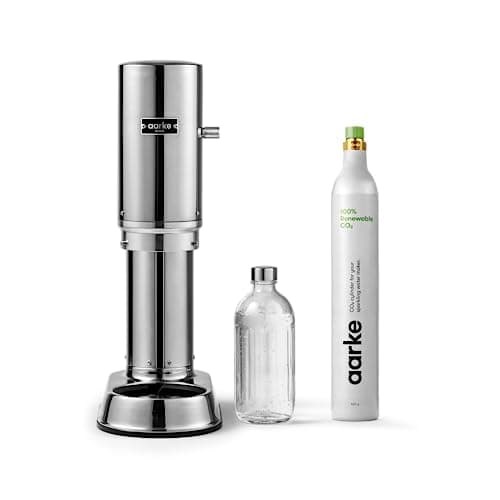 Image of Aarke Carbonator Pro, Sparkling Water Maker with Glass Bottle, Steel Finish + 60 Litre Cylinder with Renewable CO2