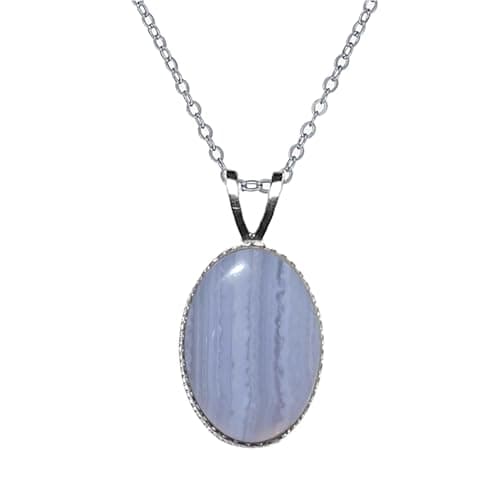 Image of Handmade 14x10mm Oval Genuine Blue Lace Agate Gemstone Cabochon 925 Sterling Silver Pendant Chain/Necklace (16 Inch Long Chain)