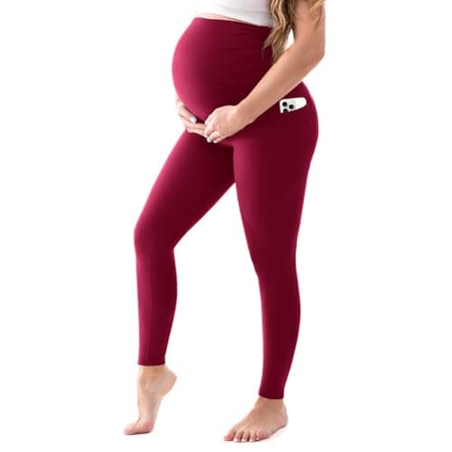 Image of Walifrey Women's Maternity Leggings， High Waist Opaque Comfortable Pregnancy Burgundy Leggings L