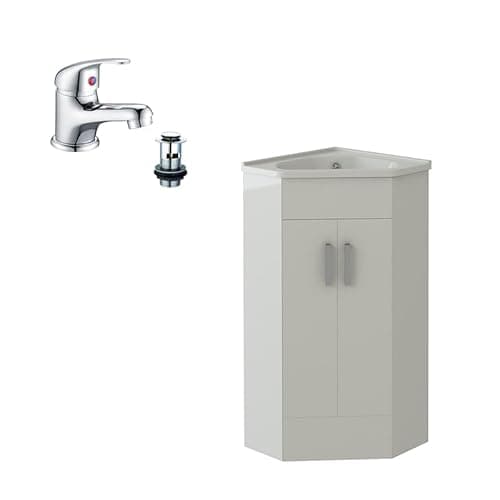 Image of VeeBath Corner Cloakroom Vanity Unit and Basin with Mono Basin Mixer Tap and Waste, Space-Saving Bathroom Furniture Set, Ideal for Small Bathrooms and En-Suites in Gloss White, 400mm