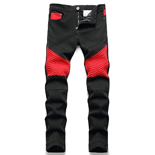 Image of RXXKKK Men's 15XX Moto Biker Slim Fit Stretch Jeans, 1501 Black Red, 30