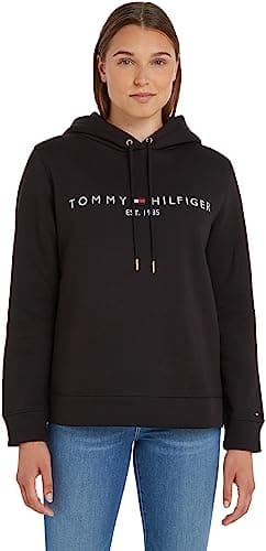 Image of Tommy Hilfiger Women's Heritage Hilfiger Hoodie Ls Ww0ww31998 Pullover Hoody, Black (Black), XXS