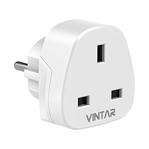 Image of VINTAR UK to European Plug Adapter,Grounded 3 Pin to 2 Pin EU Euro Europe Schuko Travel Adaptor for France Germany Spain Turkey Greece Russia and More(Type E/F), 1 Pack White