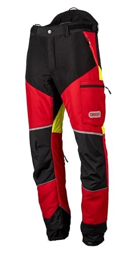 Image of Oregon Protect Pro Chainsaw Trousers, Hi Vis PPE, Breathable, Work Safety Trousers, Professional Chainsaw Protective Gear for Power Tool Operation, Forestry & Outdoor Tasks, Red/Yellow, Size L