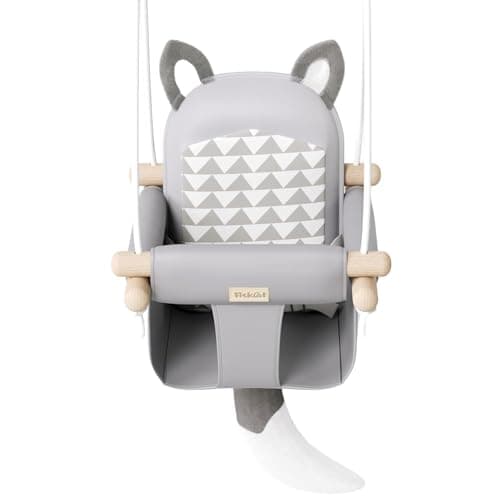 Image of LADIDA Wooden Baby Swing with Soft Safety Belt, Infant Swing Seat for Indoor & Outdoor Use, Adjustable Height, Includes Mounting Hardware – Suitable for Babies & Toddlers (Grey Fox Design)