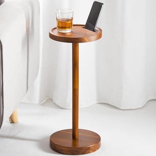 Image of NZWBSHSSP Round Side Table End Table with Phone Holder 23.8x55cm Snack Coffee Tea Drink Table Nightstand Sofa Pedestal Side Table for Small Spaces Living Martini and Cocktail