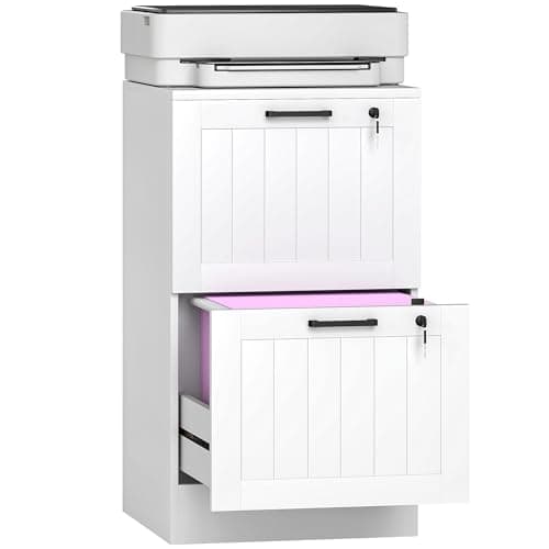 Image of HOMCOM 2 Drawer File Cabinet with Lock, Vertical Filing Cabinet with Adjustable Hanging Bars for A4 and Letter Size File Folders, Printer Stand with Storage, White