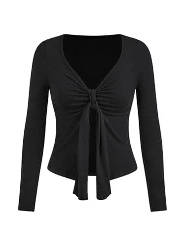 Image of GORGLITTER Women's Tie Knot Front V Neck T Shirts Ruched Slit Hem Casual Long Sleeve Y2K Going Out Tops Black S