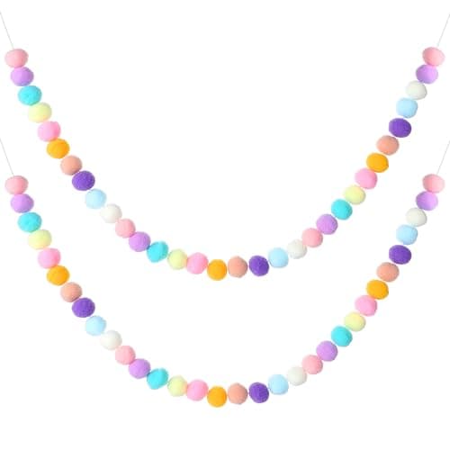 Image of 2 PCS 200cm Pom Pom Garland 24 Colorful Wool Furry Ball Handmade Cute Balls String Paper Pom Poms Hanging Decorations for Wall Mardi Gras Easter Halloween Thanksgiving Christmas Tree (Macaron Color)