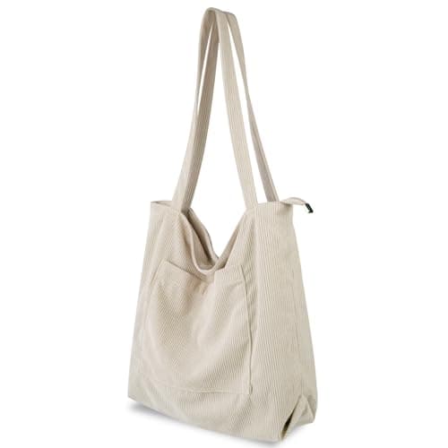 Image of flintronic Corduroy Tote Bag, Shoulder Bag with Zipper, Casual Handbags, Waterproof Tote Bag with Pockets Compartments, Large Capacity Shopping Bag for School College Work Daily Use, Beige