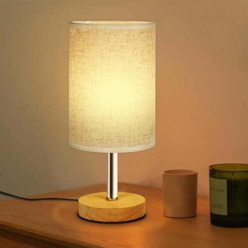 Image of SurezoTich Bedside Lamp, USB Bedside Table Lamp, Warm Light Small Table Lamps, Wooden Base Linen Fabric Shade, for Bedroom Kids Room Living Room Nightstand Home Office, On-Off Switch