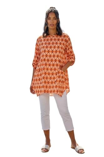 Image of Roman Originals Geometric Pocket Detail Longline Cotton Top for Women UK - Ladies Everyday Holiday Spring Summer Round Neckline Comfy Soft Evening Vacation Work Party - Orange - Size 14