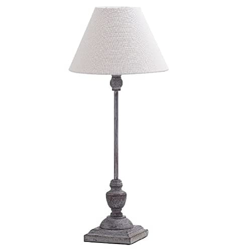 Image of Grey Washed Wood Vintage Rustic Candlestick Table Lamp with Linen Fabric Tapered Shade | 59cm Height | 1 x SES E14 Lamp Bulb Required | UK Approved | in-Line On Off Switch | Wooden Lathe Turned