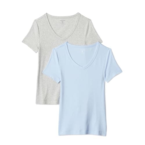 Image of Amazon Essentials Women's 2-Pack Slim-Fit Short-Sleeve V-Neck T-Shirt, Pack of 2, Light Blue/Light Grey Heather, XX-Large