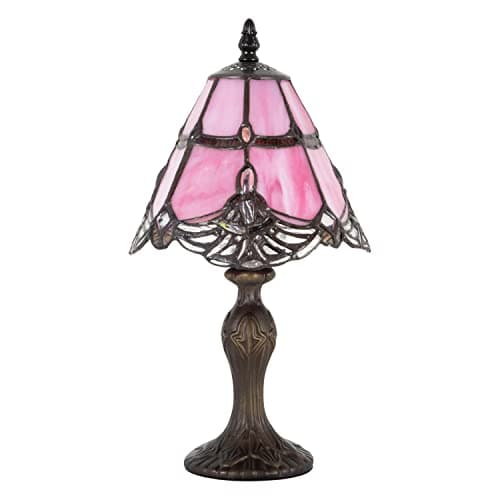 Image of Happy Homewares Quirky and Petite Pink Stained Glass Tiffany Table Lamp with Transparent Strip and Beads | 35cm x 19cm | Ornate Bronze Base with Inline Switch