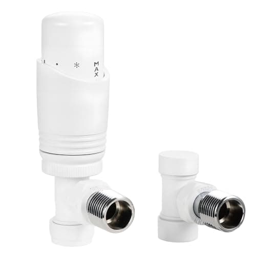 Image of VANCOCO Glossy White Thermostatic Radiator Valve 1/2"×15mm Angled with Lockshield, Thermostat TRV Set, H62 Brass, Energy Saving