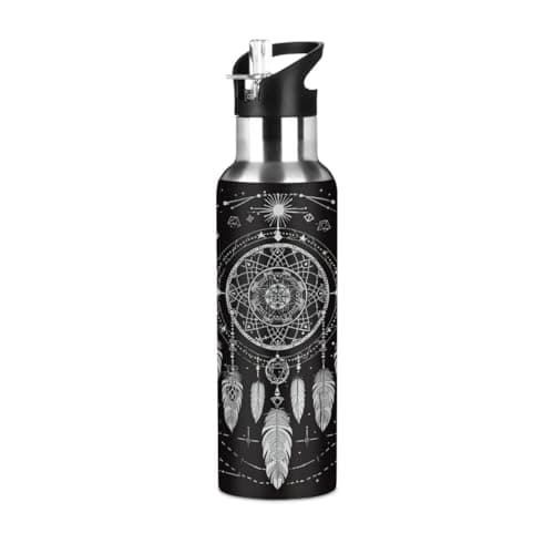 Image of Mexpekil Dream Catcher Bohemian 600ml Insulated Water Bottle with Straw Lid Stainless Steel Thermos Bottle Vacuum Flask Leakproof Travel Sports Water Bottles for Running Cycling Hiking