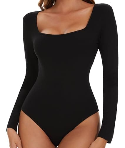 Image of SHAPERIN Women's Bodysuit Square Neck Long Sleeve Body Suit Top Tanga Leotard Jumpsuit Tops Elegant Bodysuits Going Out Black S