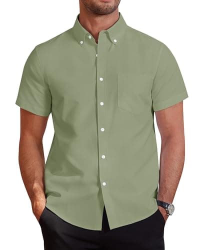 Image of J.VER Men's Short Sleeve Shirts Regular Fit Smart Casual Button Down Oxford Shirt Cotton Non Iron Business Wedding Office Work Dress Shirt Green M