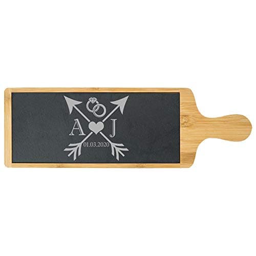 Image of Personalised Engraved Bamboo and Slate Slate Cheeseboard with Wedding Design, Personalise with Any Initials and Date, Perfect for Weddings and Anniversaries