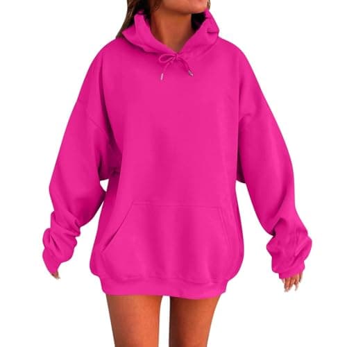 Image of Gym Hoodie Womens Hoodies Oversized Ladies Casual Pullover Tops Long Sleeve Solid Color Hoodie Autumn Winter Sweatshirts with Pockets Cotton Jumpers for Women Uk Hot Pink