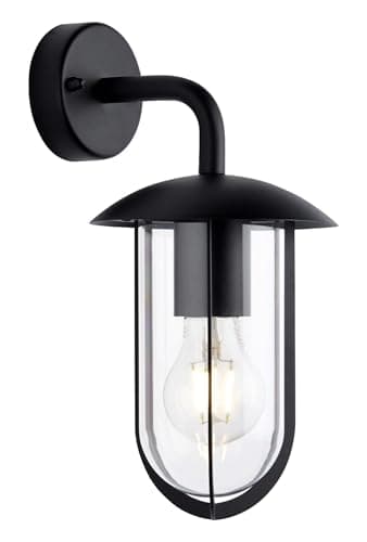 Image of National Lighting Pipe Wall Light - Textured Black Aluminium Outdoor Wall Lantern with Clear PC Shade - IP44 Rated Exterior Porch Fixture, Dimmable E27 Fitting - Weatherproof, No Bulb, 295mm x 145mm