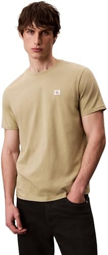 Image of Calvin Klein Men's Short Sleeve Badge Classic Cotton Jersey T-Shirt, Beige (Cedar), M