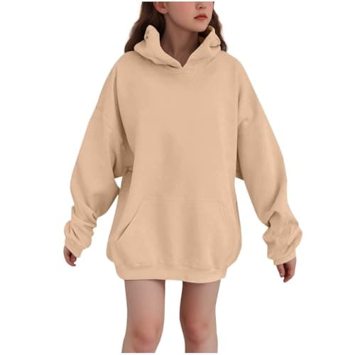 Image of duxyoz Khaki Girl'S Hoodie Oversized Hooded Sweatshirt Thicken Fleece Lined Pullover Jumpers Kids Casual Autumn Winter Long Sleeve Tops Baggy Loose Outwear Long Hoodies For Girls 12-13 Years