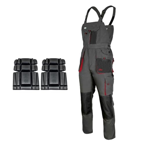 Image of ART.MAS Classic Bib and Brace Dungaree Overalls, Grey-Red, Pro Wear Workwear, S-3XL Size - Multipockets, Pocket For Knee Pads, Durable Triple Stitched Seams, 2xKnee Pads included (32/34 Inch - 50 EU)
